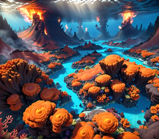 "Overhead perspective of an underwater volcanic landscape, designed for a game background. The scene should be highly flexible, allowing for flipping and rotating in all directions without losing the sense of orientation. The central part of the background should have fewer objects, gradually increasing in complexity towards the edges, creating a focal point for gameplay. Rendered in 3D for a realistic texture, the overall color scheme is dominated by shades of orange and red, capturing the vibrant and dynamic essence of an underwater volcano environment.",3D Render Style,disney pixar style