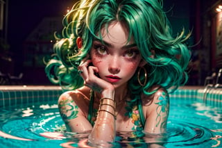 tattoo girl in the pool, green hair , in the style of high dynamic range, kawaii art, light orange and light bronze, animated illustrations, daz3d, exotic realism, tattoo-inspired, vibrant manga, close-up intensity, japanese-inspired