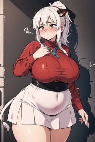 (Masterpiece),high_res,16k,1080p,HD,perfect lighting,curvy,gigantic_breasts,thick_hips,thick_thighs,thicc,long_ponytail,tunic,dress,white-hair,necklaces,bandana,peasant clothes,animal_tail,long_skirt,norse,ancient viking,leather_clothing,red clothes,detailed face, :(,shy,averting_eyes,bovid_humanoid,lifting_skirt,cow tail,chubby_female,beautifully_obese,tight_clothing,undersized clothes,taut_clothing,large_belly,weight_gain,fattening,red shirt,flustered,blushing,embarassed,frustrated