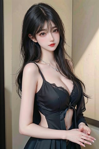 Beautiful and delicate light, (beautiful and delicate eyes), pale skin, big smile, (brown eyes), (dark black long hair), dreamy, medium breasts, female 1, (front shot), Korean woman, bangs, soft expression, large Height, proud and elegant, 8k art photo, photorealistic concept art, realistic, soft lighting,Young beauty spirit ,Detailedface,1girl,realistic skin color,asian,jirai_kei,babe