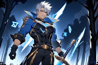 solo, arrogant smile,  short hair, white hair, spiked hair, pixie cut, bangs, blue eyes, shirt, gloves, long sleeves, 1man,muscle body, huge sword,standing, white hair, male focust, black gloves, belt, pants, blue trim, black shirt, black pants, gold trim, night, moon light, forest, (Large shiny blue sword with runes on it:1.3), sword, blood in background