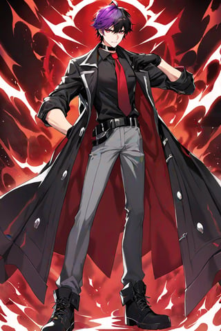 1 boy, black and purple hair, multicolored hair, short hair, red eyes, collared shirt, red tie, black gloves, choker, black belt, black coat, boots, gray pants, rolled up sleeves, jacket, with a displeased expression,aura red,sieghart