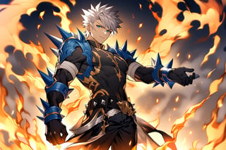 solo, arrogant smile,  short hair, white hair, spiked hair, pixie cut, bangs, blue eyes, shirt, gloves, long sleeves, 1man,muscle body, standing, white hair, male focust, black gloves, belt, pants, blue trim, black shirt, black pants, gold trim,fire element,LegendDarkFantasy