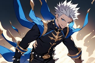 solo, arrogant smile,  short hair, white hair, spiked hair, pixie cut, bangs, blue eyes, shirt, gloves, long sleeves, 1man,, closed mouth,muscle body, standing, white hair, male focus, cowboy shot, black gloves, belt, pants, blue trim, black shirt, black pants, gold trim,Visual_Illustration