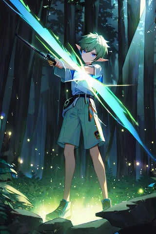 elf archer aiming, face radiant with seriousness and rudeness, young and handsome, slender elf, pale and beautiful, male focus, an elf archer, forest temple, well lit by fireflies,TechStreetwear