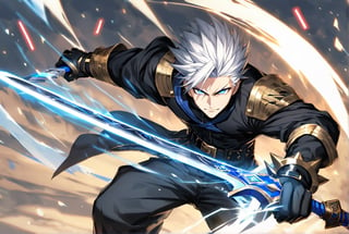 solo, arrogant smile, short hair, white hair, spiked hair, bangs, blue eyes, defined muscles, shirt, gloves, (in combat position): 1.2, wielding a runic sword, long sleeves, 1man, standing, very thin, white hair, male focust, black gloves, belt, pants, blue trim, black shirt, black pants, gold trim, (Large shiny blue sword with runes, glowing sword,DonMD34thKn1gh7XL,Beautiful Eyes