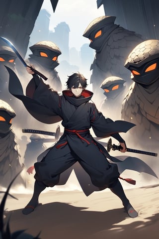 1 man with short black hair, wearing a ninja suit and wielding two blue katanas, leading a group of sand golems, looking at the camera indifferently.,Doton,Ninja
