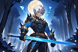 solo, arrogant smile,  short hair, white hair, spiked hair, pixie cut, bangs, blue eyes, shirt, gloves, long sleeves, 1man,muscle body, huge sword,standing, white hair, male focust, black gloves, belt, pants, blue trim, black shirt, black pants, gold trim, night, moon light, forest, (Large shiny blue sword with runes on it:1.3), sword, blood in background