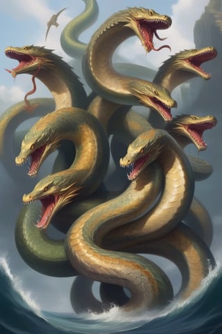 an ancient and merciless chthonic aquatic monster, shaped like a multi-headed snake (whose number of heads ranges from three, five, seven) and poisonous breath. The heads are dragons, in its lair the lake,dragonyear