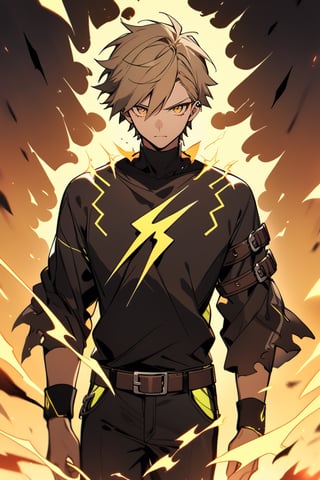 alone, short hair, light brown hair, neon yellow eyes, brown trim adorned with grifon symbols, long sleeves, 1 man, standing, male focus, athletic body, belt, pants, black shirt adorned with yellow lightning bolts symbols, black pants, aura, details