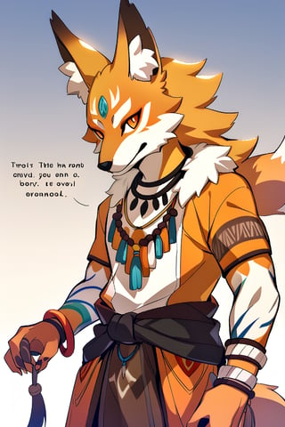 a fox man, dark blonde and white fur, orange eyes, quote necklace, bracelets, shaman clothing,anthro