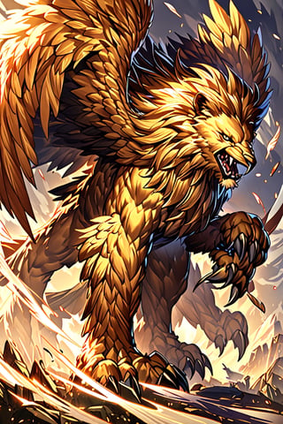 The griffin is a mythological creature, whose front part is that of a giant eagle, with white feathers, sharp beak and powerful claws. The back is that of a lion, with yellow fur, muscular legs and a long tail.