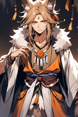 a fox man, dark blonde and white fur, orange eyes, quote necklace, bracelets, shaman clothing