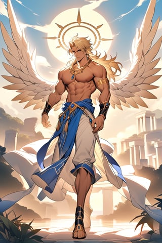 beautiful lighting, perfect light, perfect focus, 1 man, masculine focus, perfect face, perfect light, manly muscular man, full body, a remarkably sculpted and attractive man, robust and handsome. beautiful eyes, big pecs, very light blonde hair, has long spiky hair, wears fantasy Greek clothing, has jewelry, fantasy Greek background, bare chest, no shirt, has small gold earrings, has gold rings, has a golden necklace, halo, six large angel wings (multiple wings)