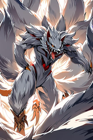 a fox, colossal in size, nine tails, kitsune, white fur, monstrous fijura, fangs and claws,Anime 