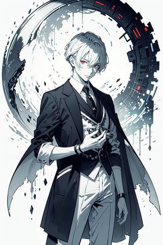 ((masterpiece, best quality)),(monochrome art),1men,silver hair,red eyes,professor outfit,Redayana, background in the tartarus