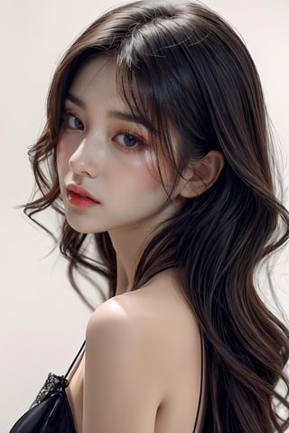 (masterpiece, best quality, photorealistic), 1girl, black hair, beautiful lace dress, brown eyes,long wavy hairstyle,small boobs, detailed skin, pore, lovely expression, close mouth, upper body, beauty model,White background, Detailedface, Realism, Epic ,Female, Portrait, Raw photo, Photography, Photorealism,SGBB,alluring_lolita_girl,Young beauty spirit ,little_cute_girl,Bomi,Makeup,Soojin ,b3rli,asian girl,masterpiece,jisoo