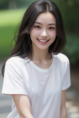 1girl, solo, long hair, looking at viewer, smile, open mouth, shirt, black hair, jewelry, white shirt, upper body, short sleeves, outdoors, teeth, blurry, black eyes, bracelet, blurry background, realistic, female child