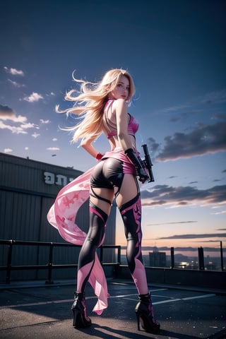 Full body standing photo, beautiful sunset, sexy young female warrior, slender waist, plump and slender figure, half-covering her eyes with a combat helmet, long blond hair swaying in the wind, exquisite makeup, wearing a transparent pink camouflage tights for combat Wearing a suit and a red silk scarf, pink suspender hollow stockings, and pink 10-inch high heels, standing on the roof with her waist straight and legs spread apart, holding a large cross-generation ion sniper rifle in both hands while looking for prey, battle city background, 8K Artgerm ,more details