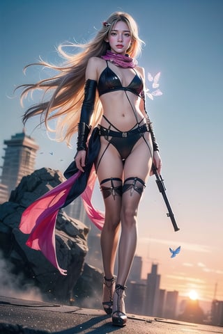 Full body shot standing sideways, beautiful sunset, sexy young female warrior, slender waist, plump and slender figure, long blond hair with butterfly hair accessories swaying in the wind, exquisite makeup, wearing transparent pink camouflage suspender hollow stockings ,wearing  Sexy hollow combat uniform(Damage,broken), red silk scarf, pink 10-inch high heels, standing on the edge of the roof, waist straight, legs spread, holding advanced rifle(full length), battle city background(with smoke), 8K Artgerm, more details