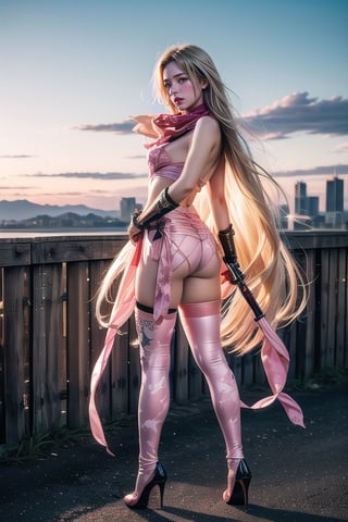 Full body shot standing sideways, beautiful sunset, sexy young female warrior, slender waist, plump and slender figure, long blond hair with butterfly hair accessories swaying in the wind, exquisite makeup, wearing a damaged transparent pink camouflage tights , wearing uniform, red silk scarf, pink suspender hollow stockings, pink 10-inch high heels, standing on the edge of the roof, waist straight, legs spread, holding advanced rifle, battle city background, 8K Artgerm, more details