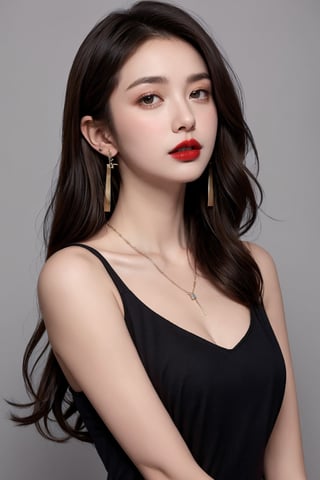 1girl, solo, long hair, breasts, looking at viewer, simple background, brown hair, black hair, dress, bare shoulders, brown eyes, jewelry, collarbone, earrings, parted lips, sleeveless, grey background, necklace, black dress, lips, sleeveless dress, realistic, arms at sides, red lips
