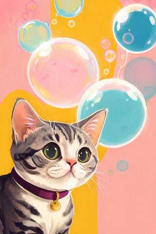 Fashion design, poster design, trendy, flat, pop style, american shorthair , cat, bubble text, illustration, exquisite,