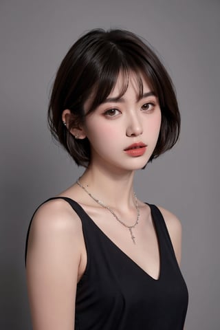 1girl, solo, short hair, breasts, looking at viewer, simple background, brown hair, black hair, dress, bare shoulders, jewelry, parted lips, grey background, necklace, black dress, lips, parted bangs, sleeveless dress, realistic