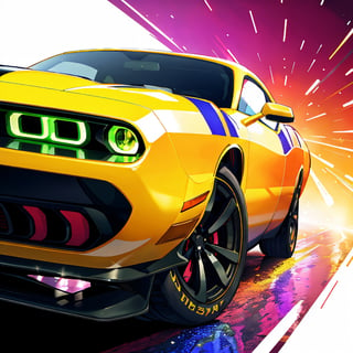 close up of speeding car, (Dodge Challenger), red paint, double circle shaped headlights, automotive, reflective paint, colorful splatter background, tilted angle, cool