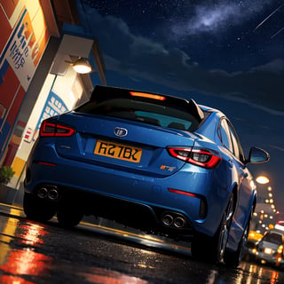 rear close up of car, (American automotive), (dark blue car), circle shaped front lights of car, colorful starry sky background, wet asphalt surface, low view angle, Dutch angle, cool art