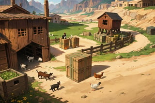 Egyptian town, grass, crates, sharp shadows, (vignette), animals, goats, chickens, walking around, ultra-detailed
