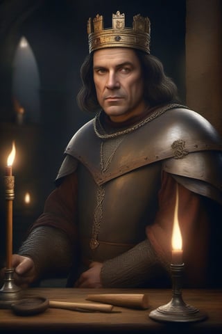 masterpiece, photorealistic portrait of a medieval Lord, looking greedy, dark background, he is looking to viewer, dark atmosphere, torches
,itacstl