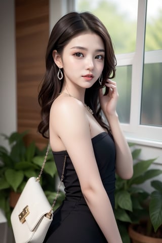 Background is garden,36 D Bust measurement
18 yo, 1 girl, beautiful korean girl,standing in front of window,wearing bzsohee, black dress, bare shoulders, strapless dress,small handbag,
solo, {beautiful and detailed eyes}, dark eyes, calm expression, delicate facial features, ((model pose)), Glamor body type, (dark hair:1.2),very_long_hair, hair past hip,curly hair,bangs,
simple tiny necklace,simple tiny earrings, flim grain, realhands, masterpiece, Best Quality, 8k, photorealistic, ultra-detailed, finely detailed, high resolution, perfect dynamic composition, beautiful detailed eyes, eye smile, ((nervous and embarrassed)), sharp-focus, full_body, cowboy_shot, ,GothGal,0ff1c3_3,bzsohee
