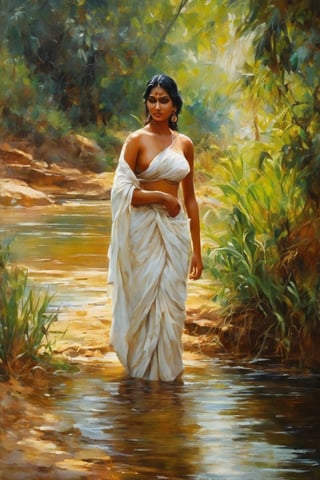 A masterpiece of oil painting style, set in a natural indian village atmosphere. a revealing wet woman bathing, inside the river. her curves and bosom with dark rings partially visible through her linen white draped cloth