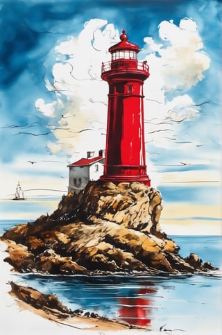 Sketch in liquid metallic ink of a masterpiece, best quality,  style, romantic love painting
a red lighthouse stands out from the rest of the landscape. Blue sunny sky and a cloud. The image creates a feeling of tranquility and harmony,
((creation of SALVADOR DALI)),
