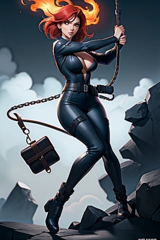 create a photo realistic 3d high resolution character that is mix of comics book characters Black Widow and Modesty Blaise in a action pose swinging a whip