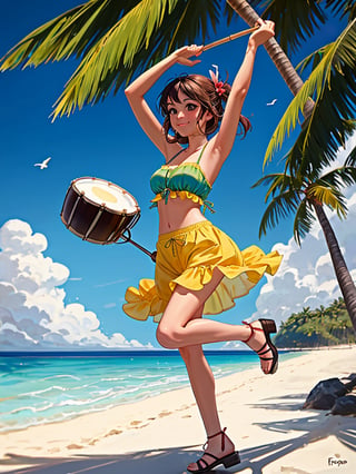  A very cute, attractive, jolly island gal dancing, playing the bongos. frolicking beach background,