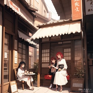 Masterpiece, Top quality, High definition, Artistic composition, Two girls, Friends, outdoor Japanese cafe, Sitting having cake and coffee, Smiling, Talking, Looking away, Retro store, From side, Impressive light, Portrait, Fork in hand, High color temperature