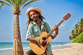  A very jolly rastafarian style man playing his guitar leaning against the tall palm. beach background