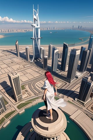 create a photo realistic 3d high resolution scene with this character in action atop the helipad on the roof of Burj Al Arab partially overlooking the sea, and majorily Dubai skyline in the background