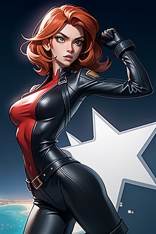 create a photo realistic 3d high resolution character that is mix of comics book characters Black Widow and Modesty Blaise in action atop the helipad on the roof of Burj Al Arab partially overlooking the sea, and majorily Dubai skyline in the background
