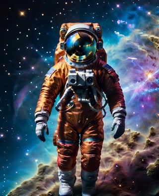 Photo realism, 8K, shot with Sony Alpha A6500 1.4f, gritty candid raw full-body photo of a floating astronaut with tinted glass, realistic suit texture in a colourful galaxy background, highly detailed, masterpiece, ,Glass Elements