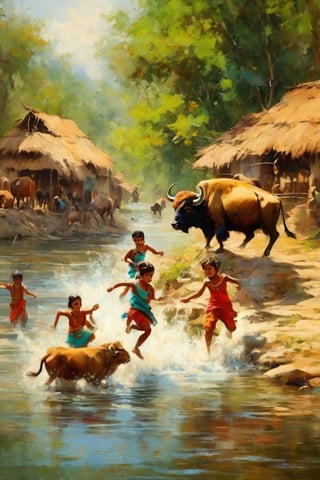 A masterpiece of oil painting style, set in a natural indian village atmosphere. Group of kids playing,  jumping into the river. Background 2buffaloes in water