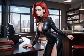 create a photo realistic 3d high resolution character that is mix of comics book characters Black Widow in her apartment , dressed in transparent dress