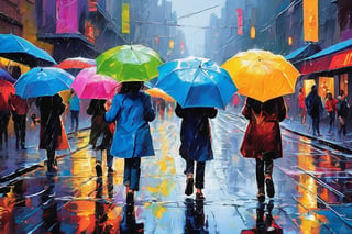 Rain-soaked streets of a modern metropolis come alive as a people pass by a group of carefree children step into puddles, their laughter and joyful shouts muffled by the pounding raindrops. Vibrant hues of blue and gray dominate the kaleidoscope sky, with rain lashing gently in the downpour. The warm glow of oil paints captures the diverse charm of the city, showcasing colorful umbrellas, neon lights reflecting off wet pavement, and playful splashes of water amidst the urban jungle.
