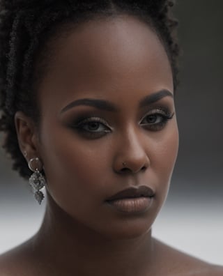 a beautiful black girl with a tattoo, beautiful shimmering makeup, frosty lips, icy eyeshadow, a small earrings, close-ups, intricate high quality details, high quality textures, octane reflection, top quality, diffused light, local lighting, scene that could have been a top score in any horror film, photorealistic