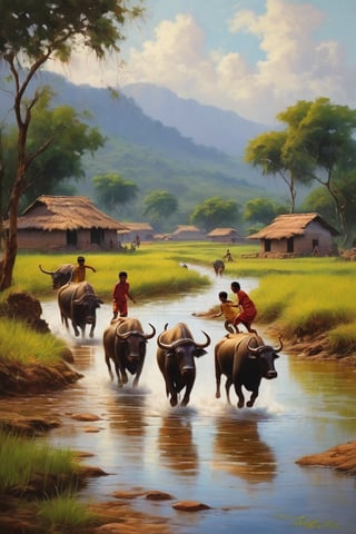 A masterpiece of oil painting style, monsoon season, set in a natural indian village atmosphere. Group of kids playing,  jumping into the river. Background 2 Indian water buffaloes in background.