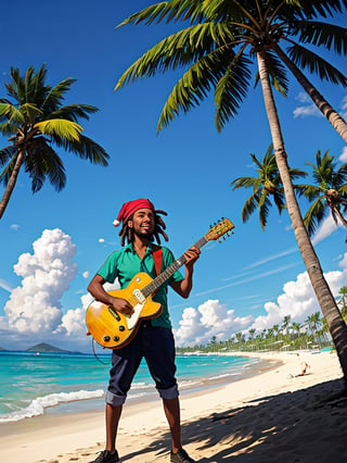  A very  jolly RASTAFARIAN  leaning against the tall palm tree, playing his guitar. frolicking beach background,