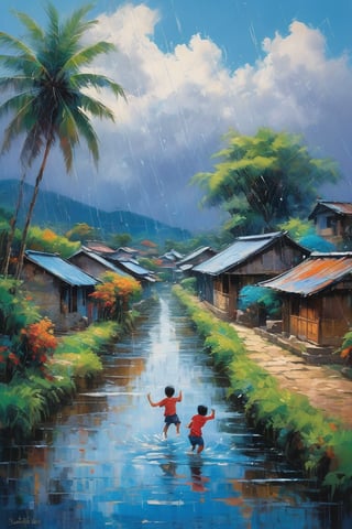 Vibrant hues of a monsoon-soaked Japanese village come alive with a group of carefree children leaping into the serene river, their laughter and joyful shouts muffled by the pounding raindrops. The sky above is a kaleidoscope of blues and grays, with rain-lashed palm trees swaying gently in the downpour. The warm glow of oil paints brings forth the rustic charm of the village, where children's games are suspended only by the force of nature's fury.