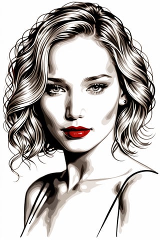 Sketch of Jennifer Lawrence, alluring, portrait in ink drawing, illustrative art, soft lighting, detailed, more Flowing rhythm, elegant, low contrast, add soft blur with thin line, red lipstick, 